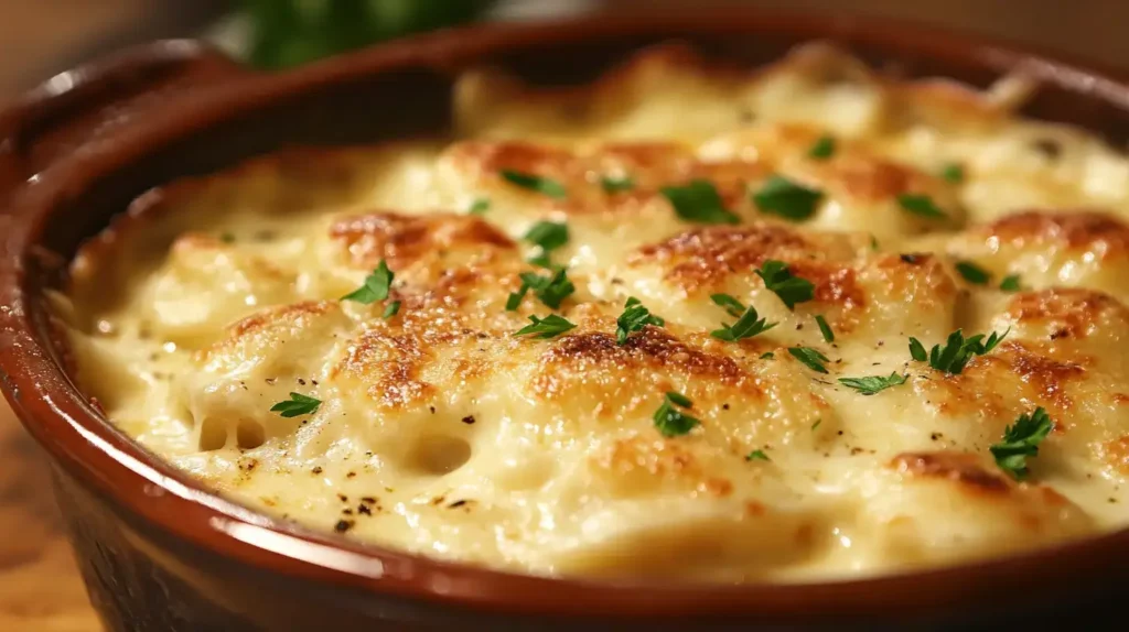 Golden, bubbling cheese topping on a freshly baked ravioli casserole.