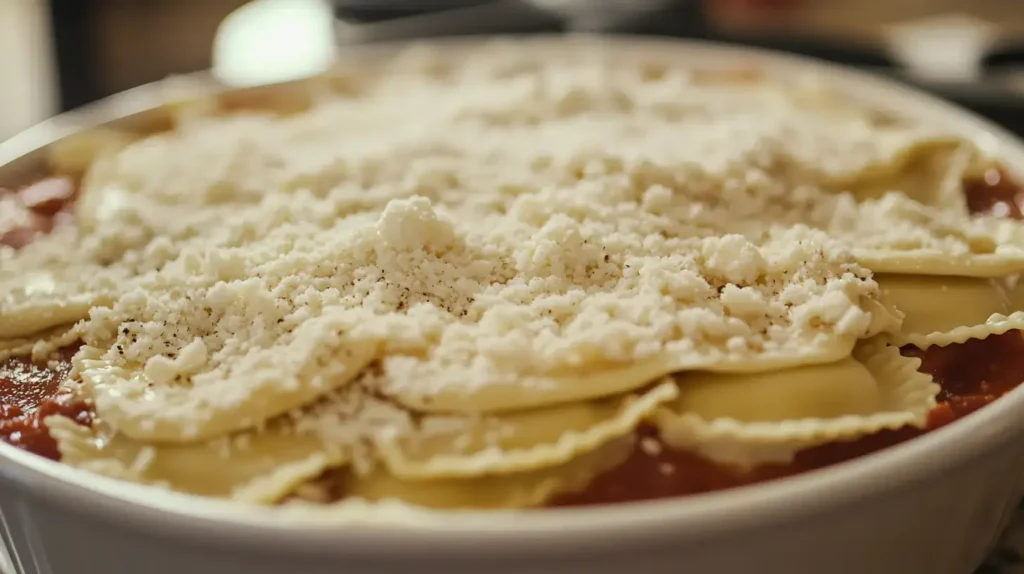 Layered ravioli, cheese mixture, and marinara sauce in a casserole dish before baking.