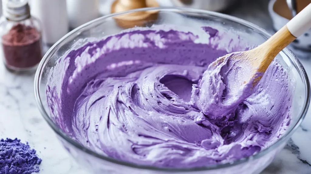 Mixing violet cake batter with ingredients on a kitchen counter.