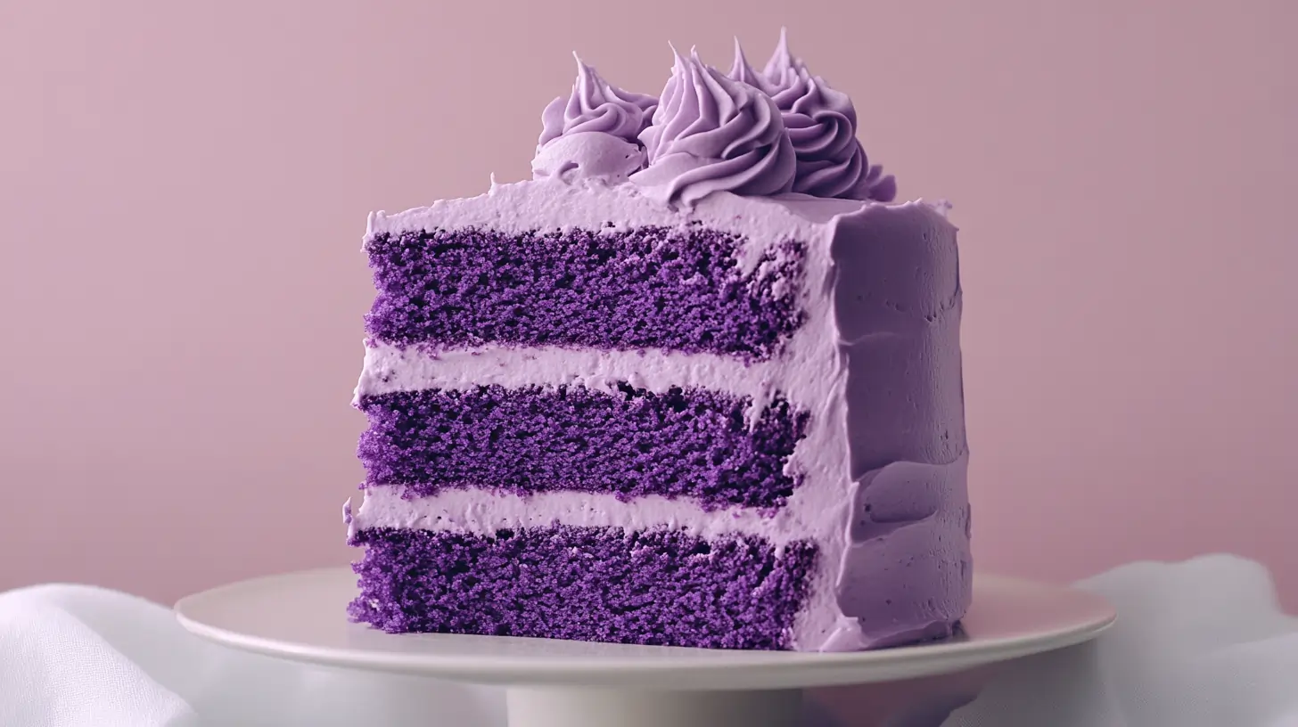 Violet velvet cake with cream cheese frosting on a wooden table.