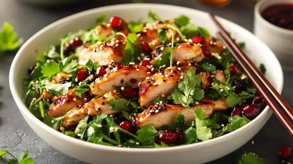 Asian chicken cranberry salad with grilled chicken and crunchy toppings.