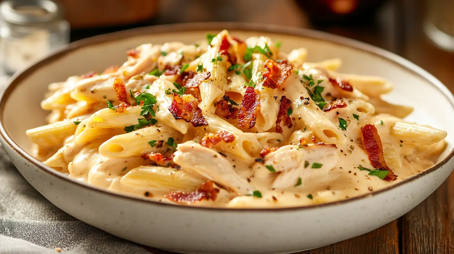 A creamy and cheesy Crack Chicken Penne dish garnished with crispy bacon and fresh herbs.