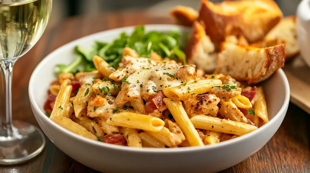 A complete meal of Crack Chicken Penne served with garlic bread and salad.