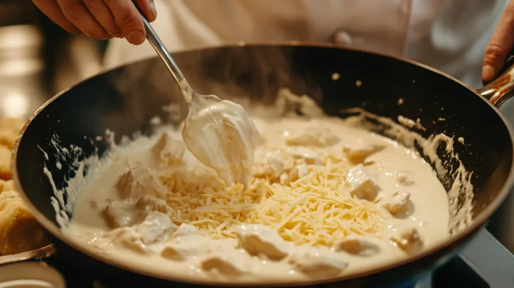 A skillet with a creamy cheese sauce being stirred, ready for Crack Chicken Penne.