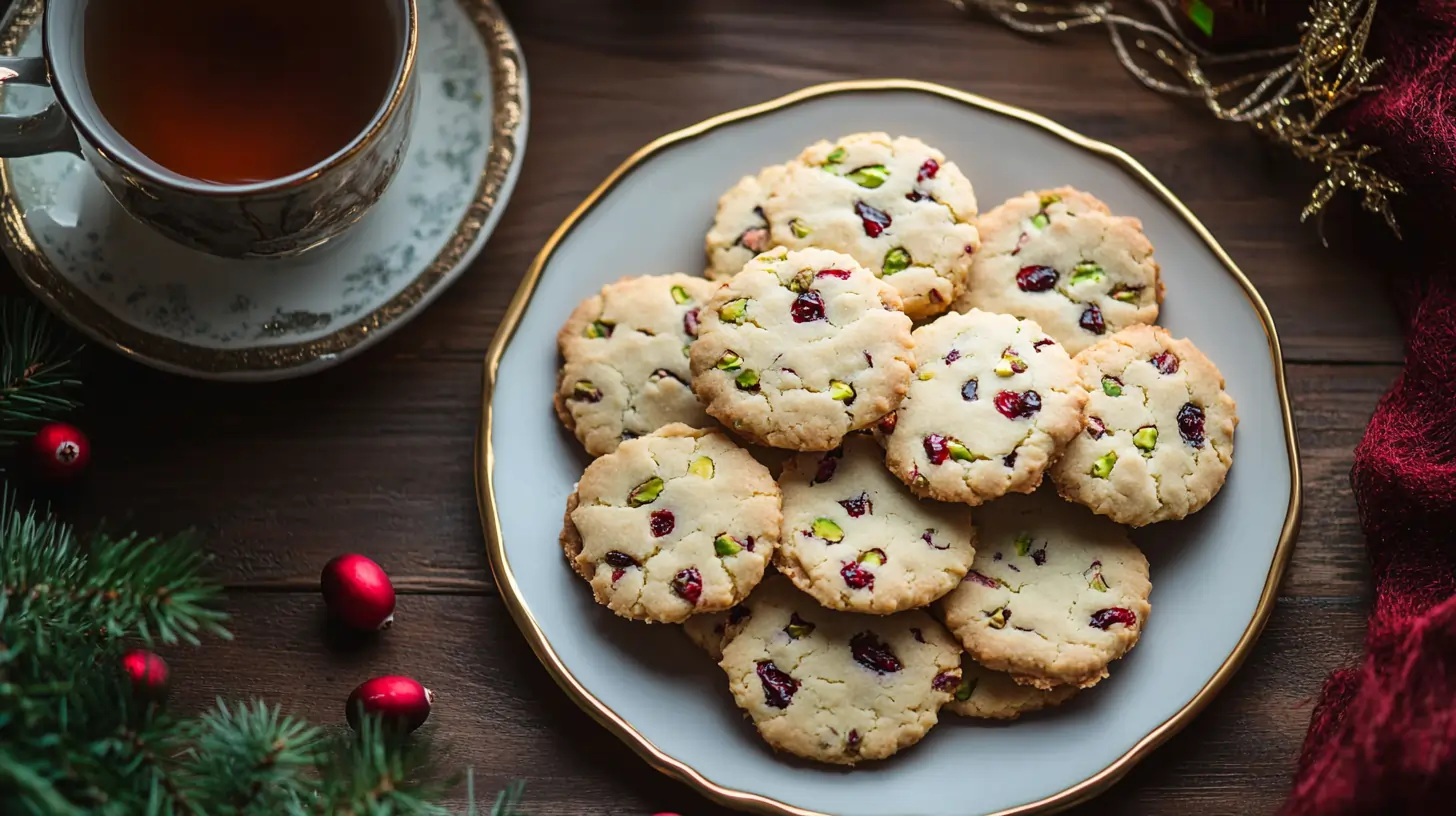 A plate of freshly baked cranberry pistachio shortbread cookies on a holiday-themed table.