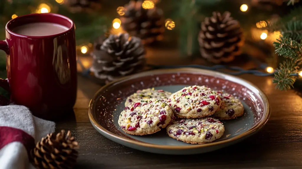 Cranberry pistachio shortbread cookies served with hot cocoa and a festive holiday backdrop.