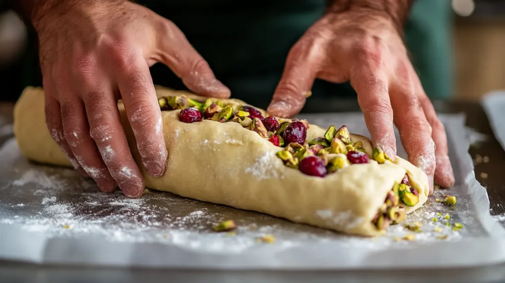 Hands shaping cranberry pistachio shortbread dough into a log for chilling.