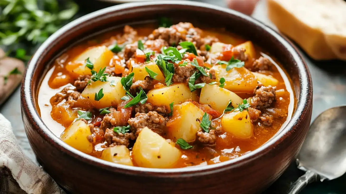 Bowl of crockpot creamy potato and hamburger soup