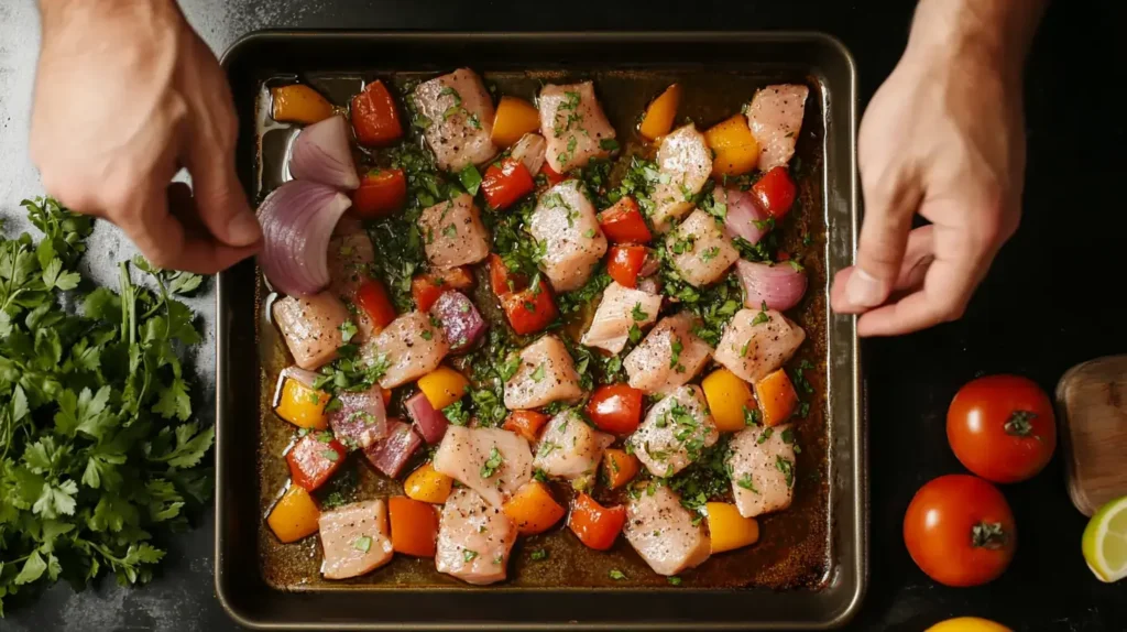 Preparing Hawaiian chicken sheet pan