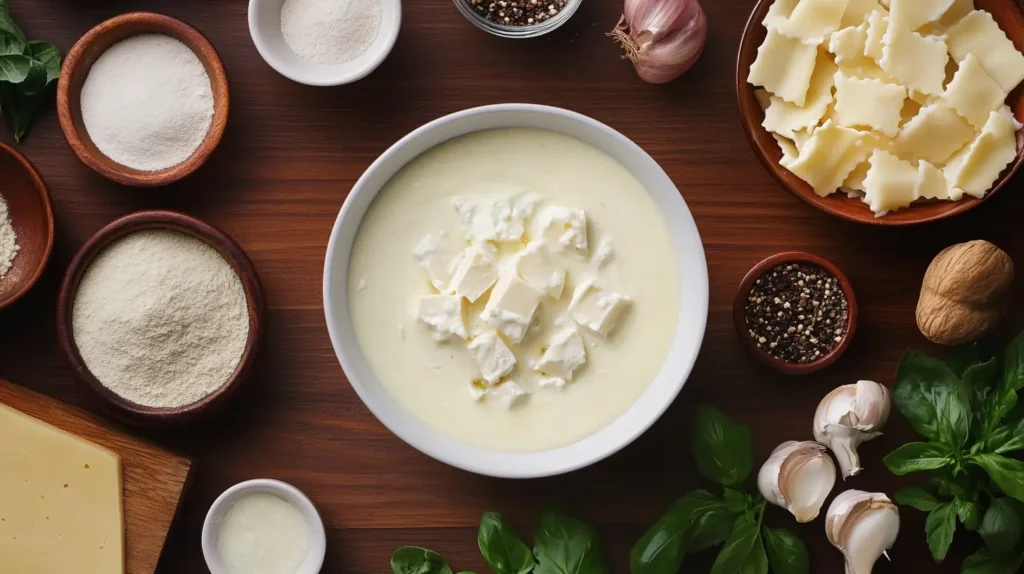 Ingredients for creamy alfredo lasagna soup