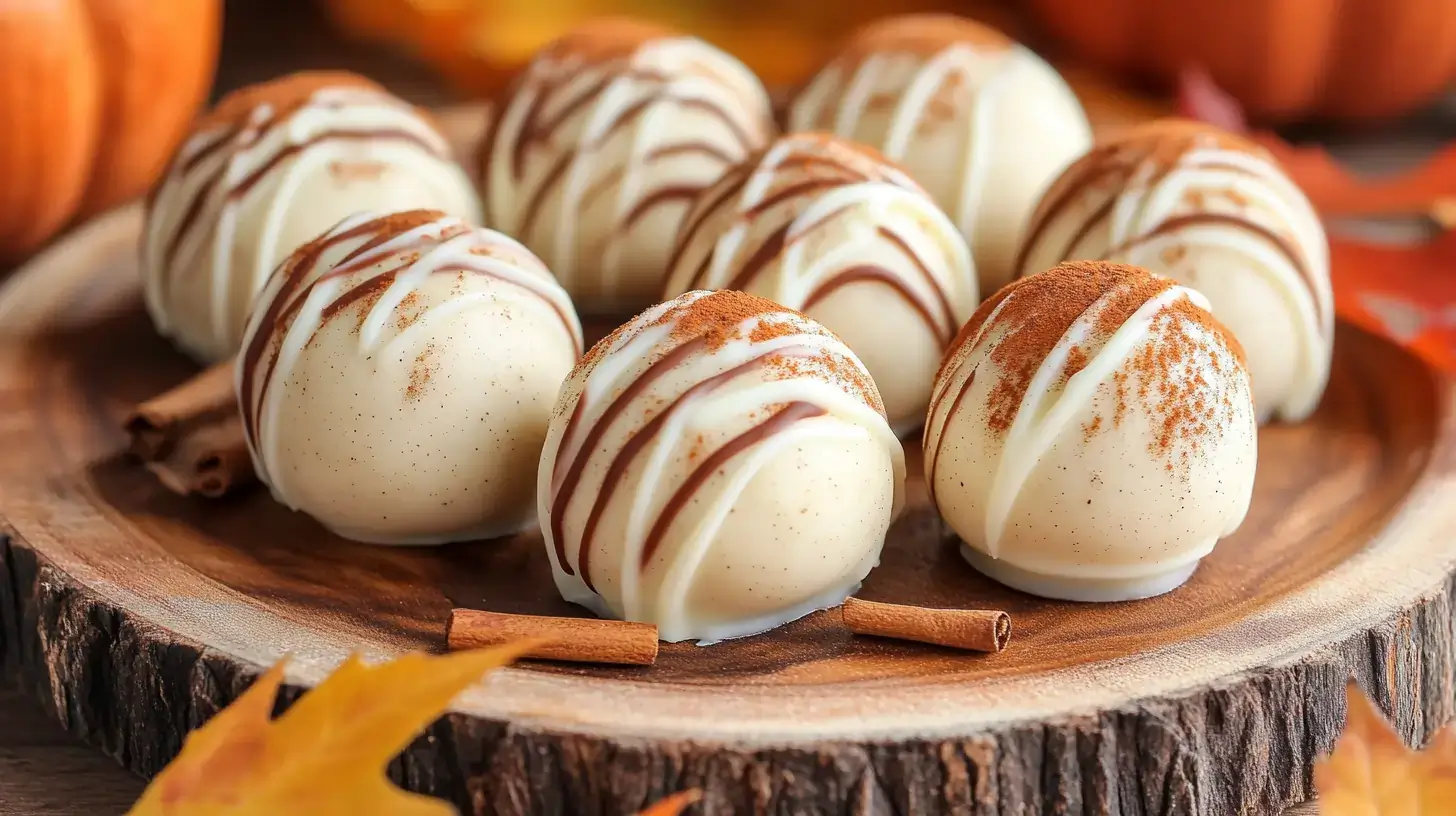 A plate of no-bake pumpkin cheesecake balls drizzled with white chocolate and garnished with cinnamon.