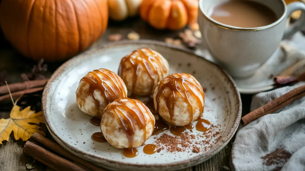 No bake pumpkin cheesecake balls served with caramel drizzle and a pumpkin spice latte.