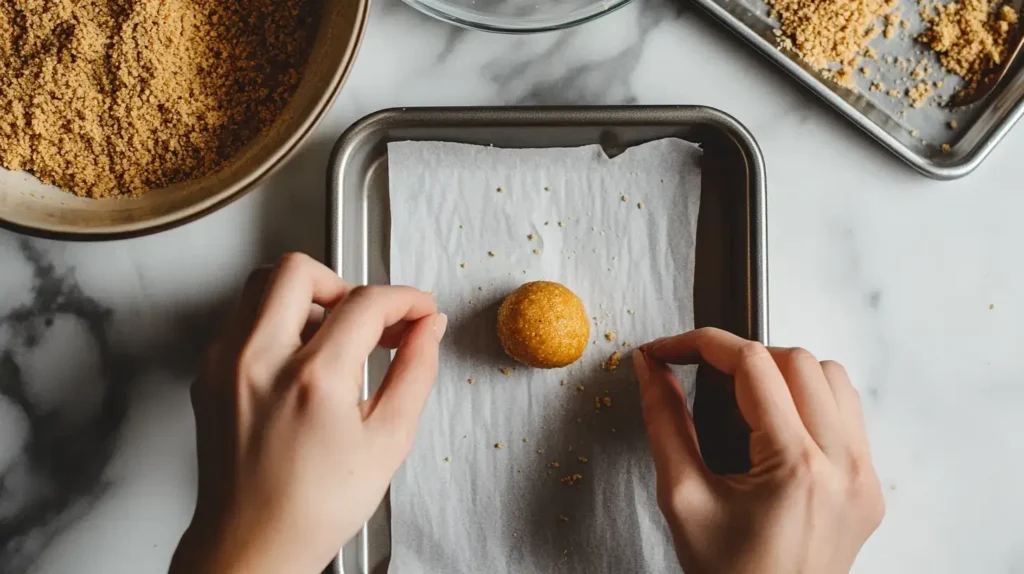 Hands shaping pumpkin cheesecake balls with a bowl of mixture nearby.