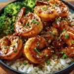 Close-up of honey garlic shrimp served over rice with broccoli, topped with green onions and sesame seeds