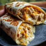 Close-up of cheesy garlic chicken wraps sliced in half, with melted cheese and juicy chicken filling oozing from a crispy tortilla.
