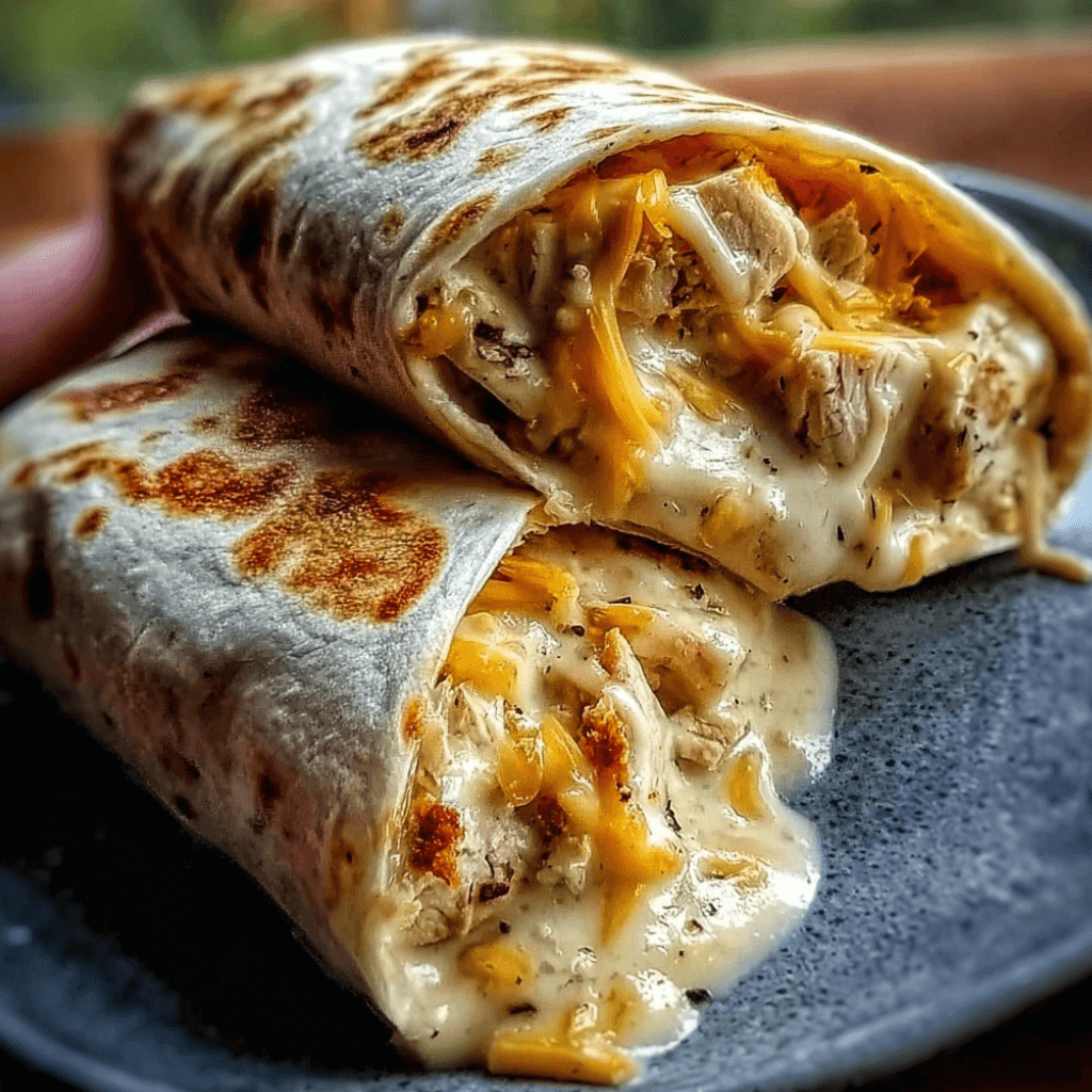 Close-up of cheesy garlic chicken wraps sliced in half, with melted cheese and juicy chicken filling oozing from a crispy tortilla.