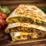 Close-up of cheesy Smashburger Quesadillas stacked on a wooden board with lettuce and ground beef filling