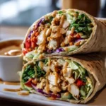 Close-up of Thai Peanut Chicken Wraps filled with chicken, colorful veggies, and drizzled with peanut sauce