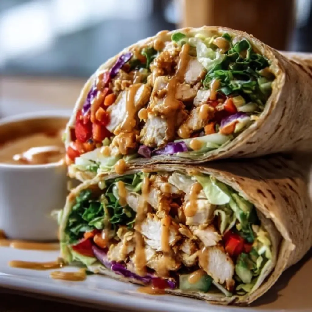 Close-up of Thai Peanut Chicken Wraps filled with chicken, colorful veggies, and drizzled with peanut sauce
