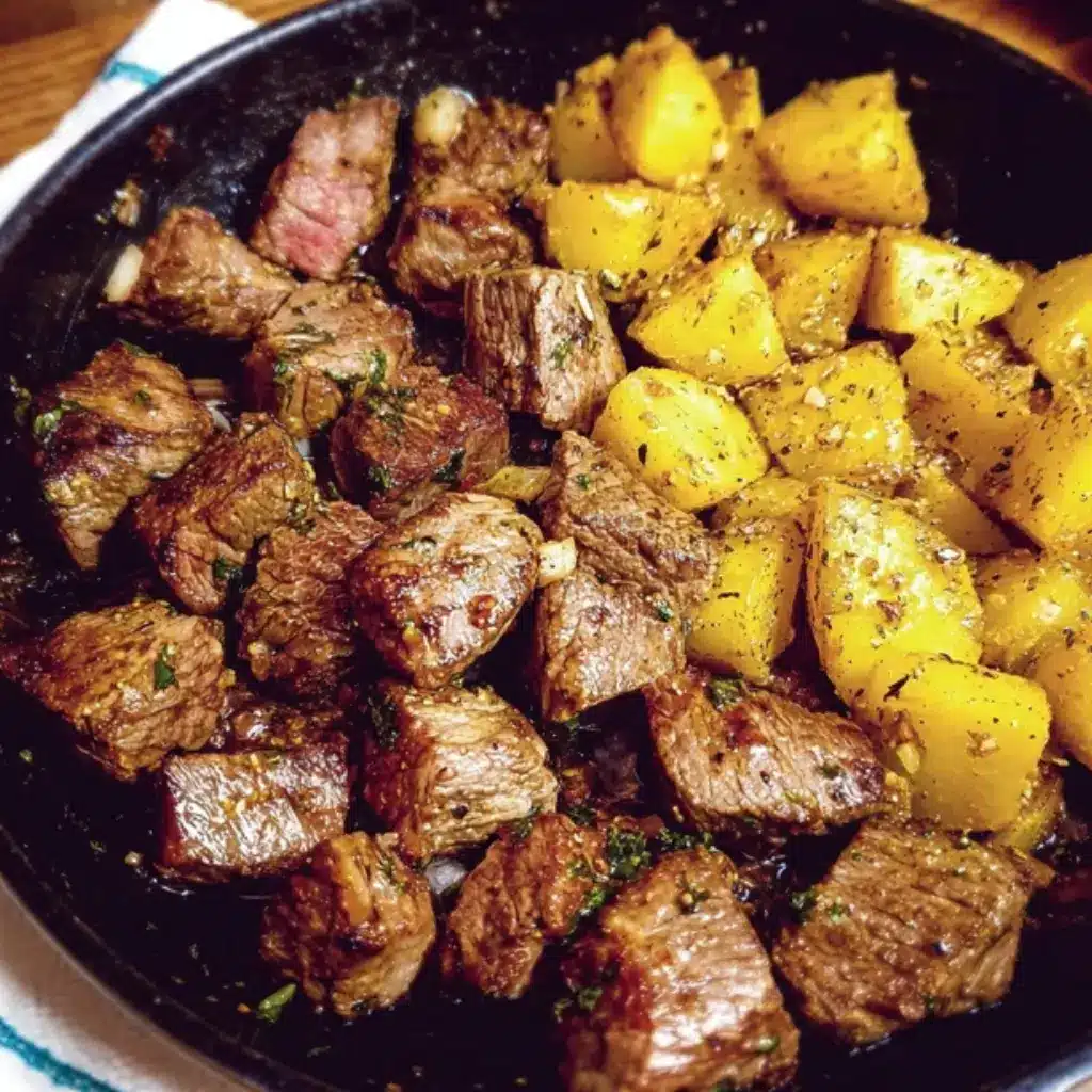 Close-up of garlic steak bites and golden potatoes in a cast iron skillet, seasoned with herbs and butter