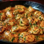 Texas Roadhouse-style butter chicken simmering in a rich, creamy garlic butter sauce in a skillet
