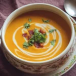 Bowl of cozy butternut squash soup topped with coconut cream, crispy bacon bits, and fresh parsley on a fall-themed plate
