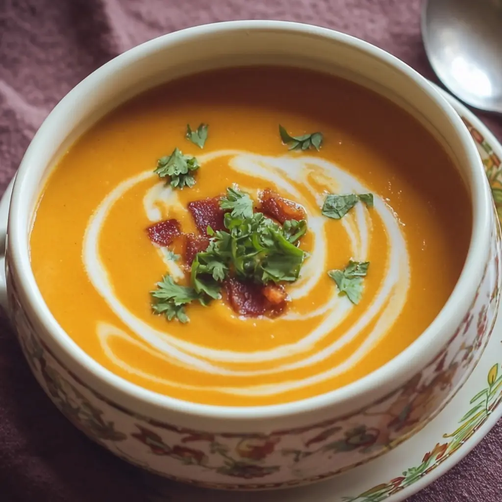 Bowl of cozy butternut squash soup topped with coconut cream, crispy bacon bits, and fresh parsley on a fall-themed plate