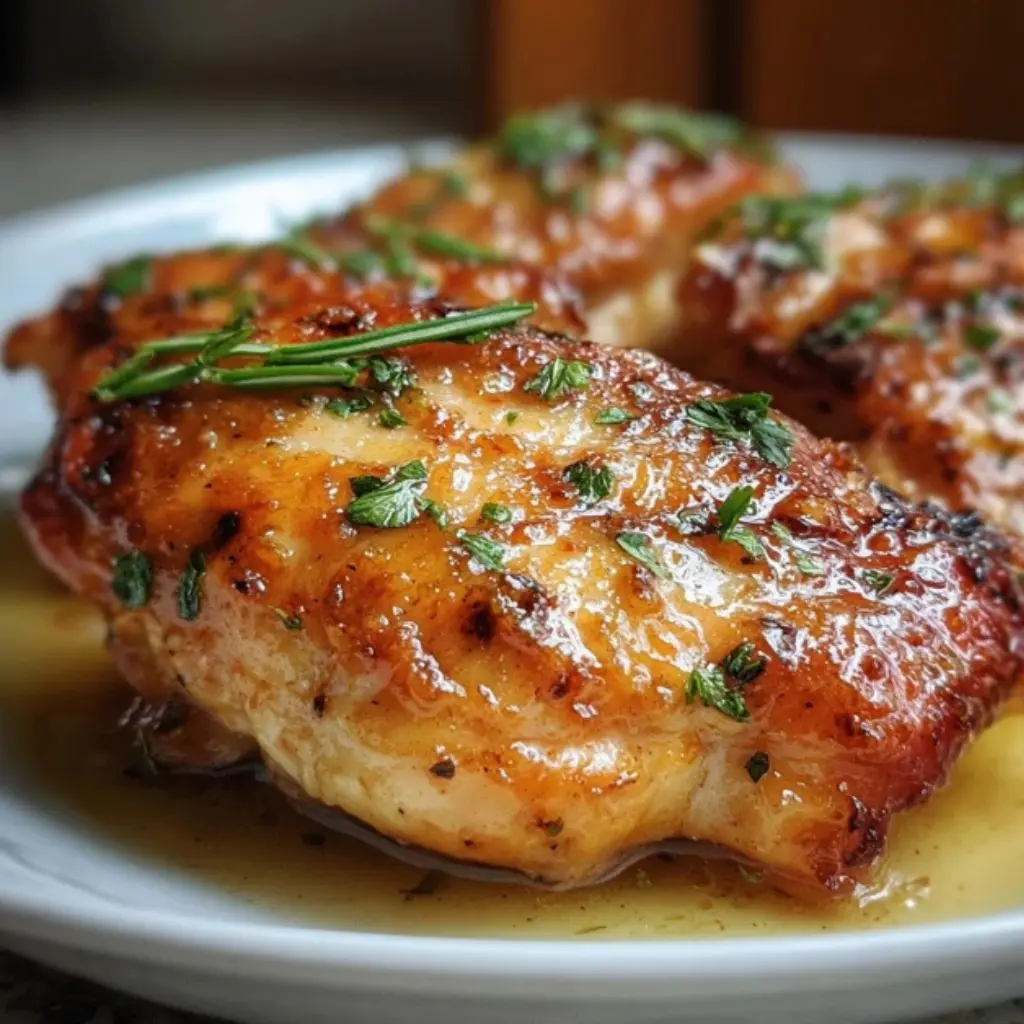 Golden-baked mouth chicken breast topped with fresh parsley and herbs on a white plate