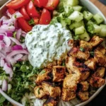Bowl filled with grilled chicken, tzatziki sauce, cherry tomatoes, cucumber, red onion, and rice – Chicken Gyro Bowls Recipe
