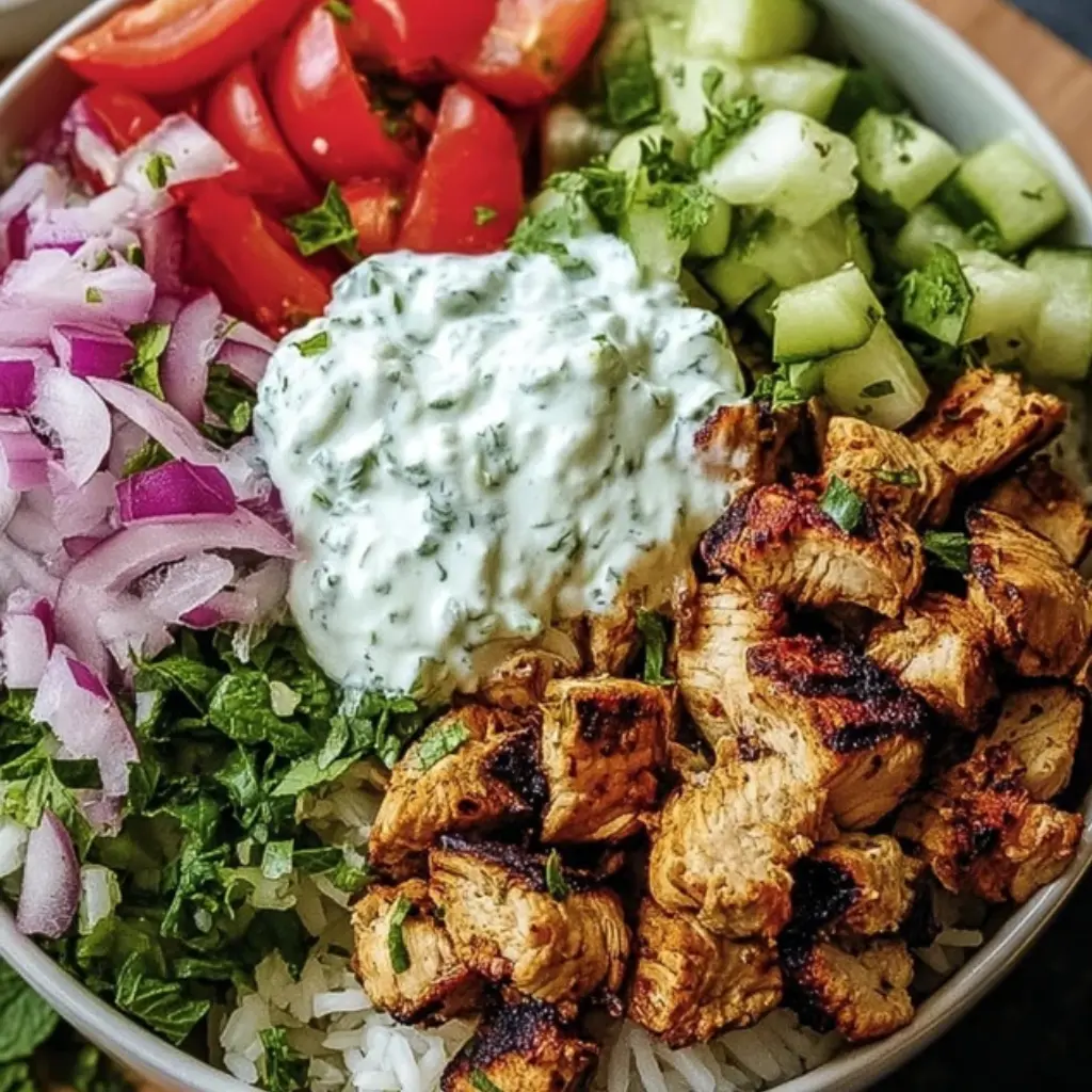 Bowl filled with grilled chicken, tzatziki sauce, cherry tomatoes, cucumber, red onion, and rice – Chicken Gyro Bowls Recipe