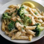 Bowl of creamy broccoli and chicken penne pasta topped with black pepper and fresh herbs