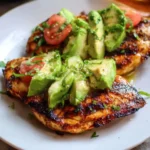 Grilled California Avocado Chicken breast topped with sliced avocado, tomatoes, and basil on a white plate