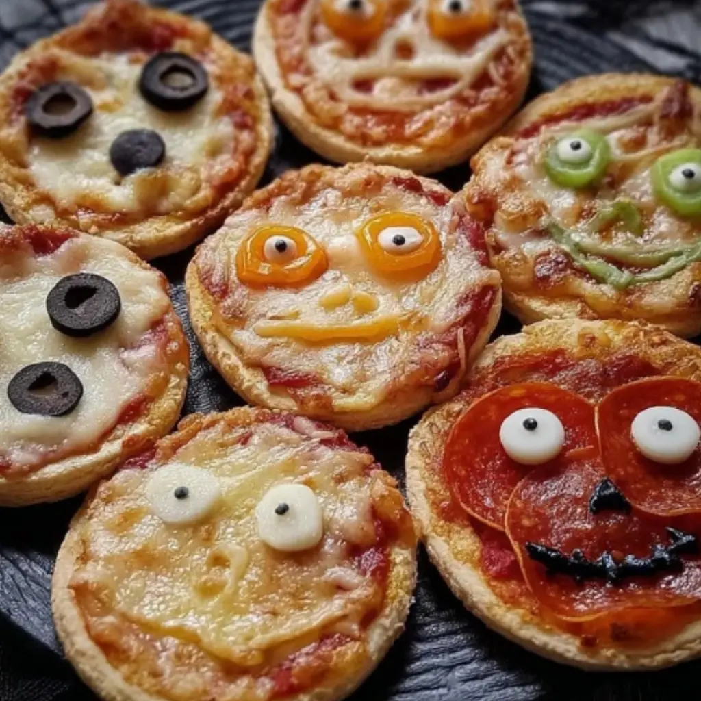A plate of Halloween mini pizzas decorated with spooky and silly faces made from cheese, olives, and peppers