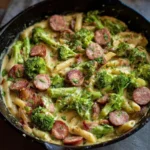 Creamy kielbasa broccoli skillet with penne pasta, sausage slices, and cheddar sauce in a cast iron pan