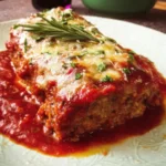 Close-up of Stuffed Italian Meatloaf topped with mozzarella and marinara sauce on a white plate