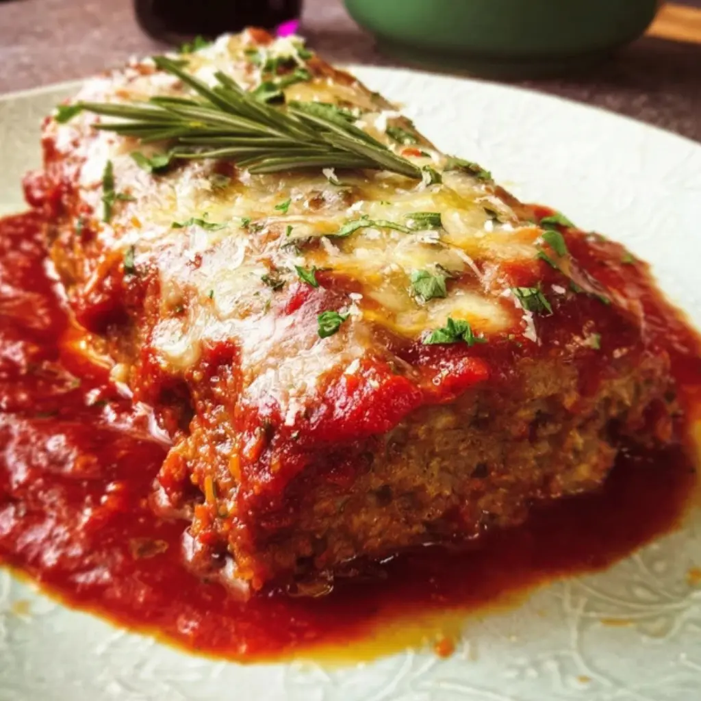 Close-up of Stuffed Italian Meatloaf topped with mozzarella and marinara sauce on a white plate