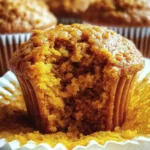 Close-up of a moist, fluffy healthy Greek yogurt pumpkin muffin with a bite taken out