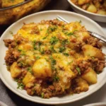 Close-up of cheesy ground beef and potato casserole topped with melted cheddar and fresh parsley on a white plate