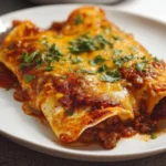 Plate of cheesy ground beef enchiladas topped with melted cheddar and fresh cilantro