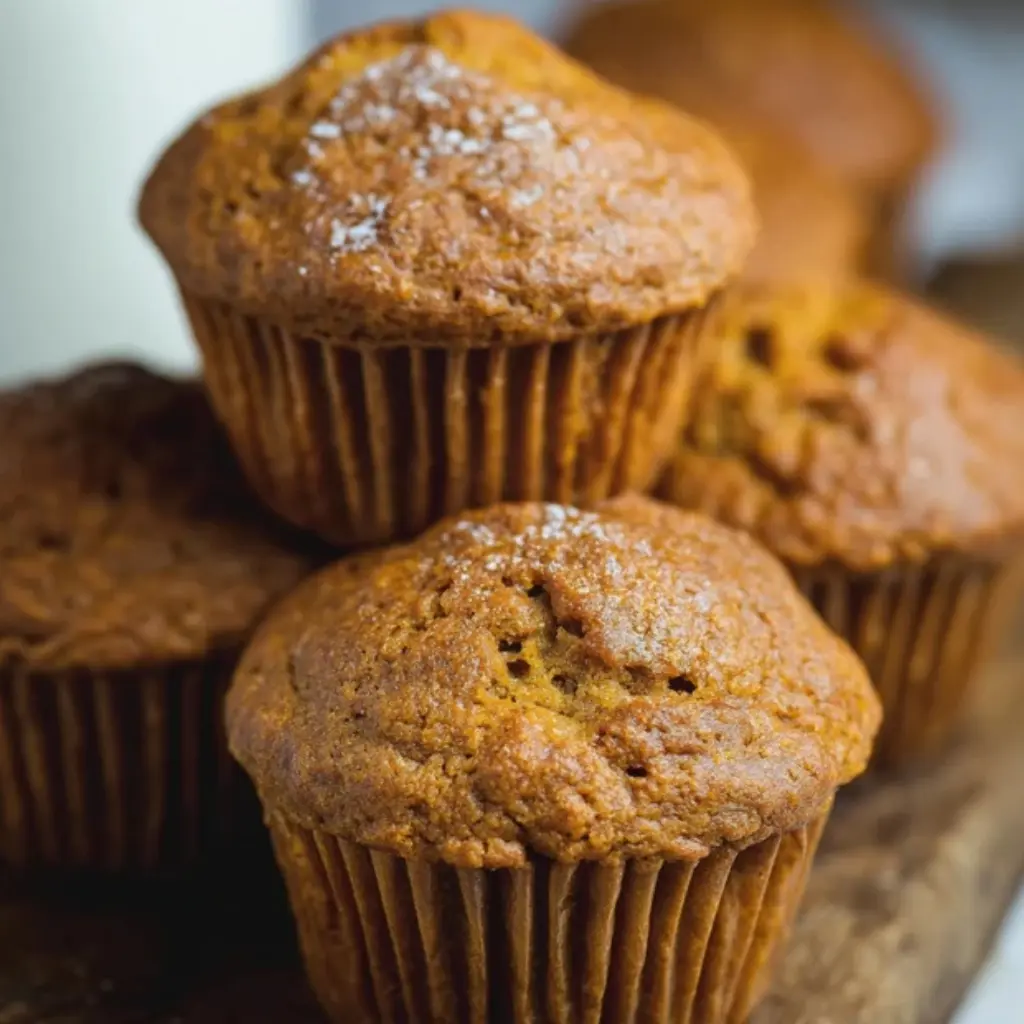 Close-up of moist homemade pumpkin muffins topped with sugar, stacked on a rustic wooden surface