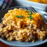 Close-up of cheesy hamburger rice casserole with melted cheddar and parsley on a gray plate