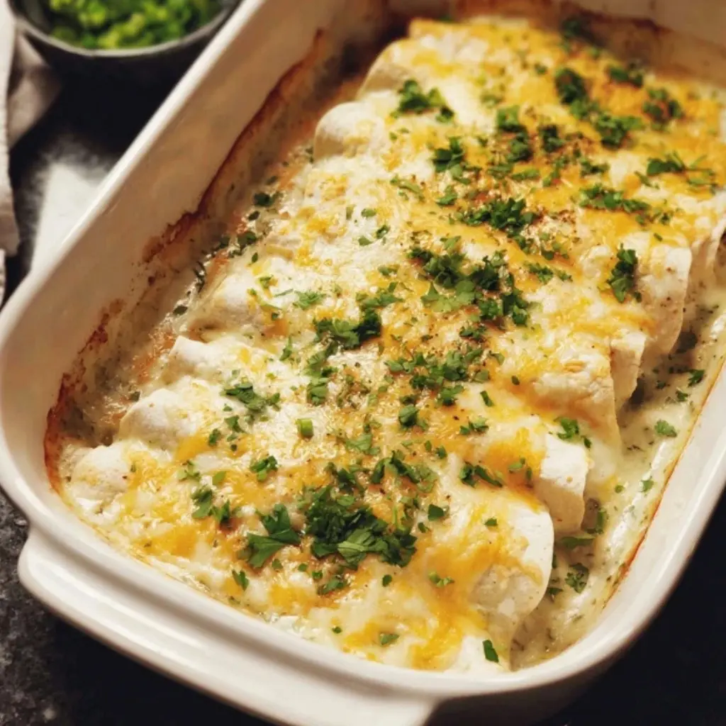 Baked white chicken enchiladas topped with melted cheese and fresh herbs in a white casserole dish