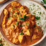Homemade butter chicken served with basmati rice, garnished with fresh cilantro in a bowl
