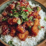 Close-up of sweet chili chicken served over steamed white rice, garnished with sesame seeds, cilantro, and red chili slices