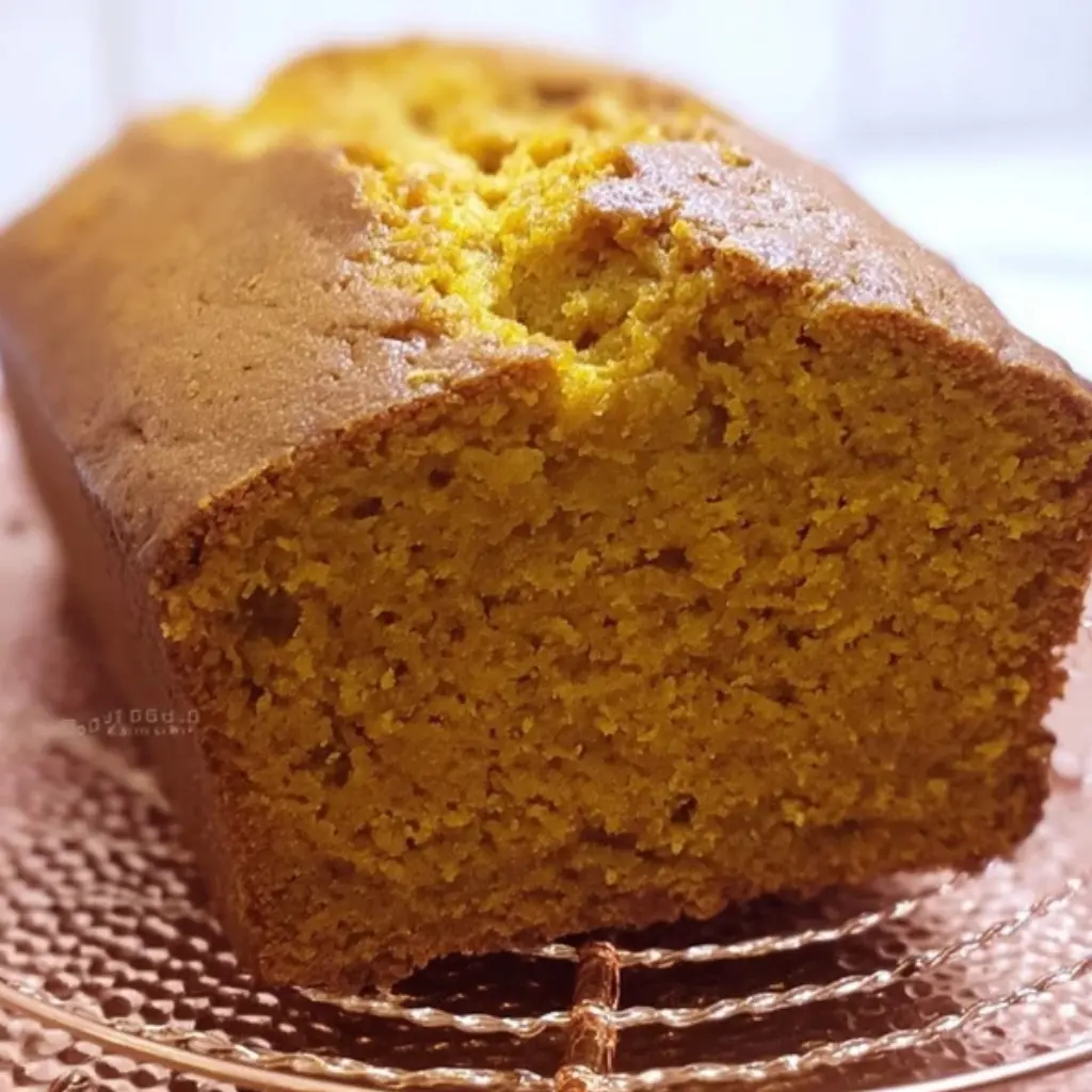 Close-up of moist vanilla pudding pumpkin bread loaf, freshly baked and cooling on a rack