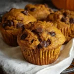 Close-up of moist pumpkin chocolate chip muffins with gooey melted chocolate, perfect for fall baking